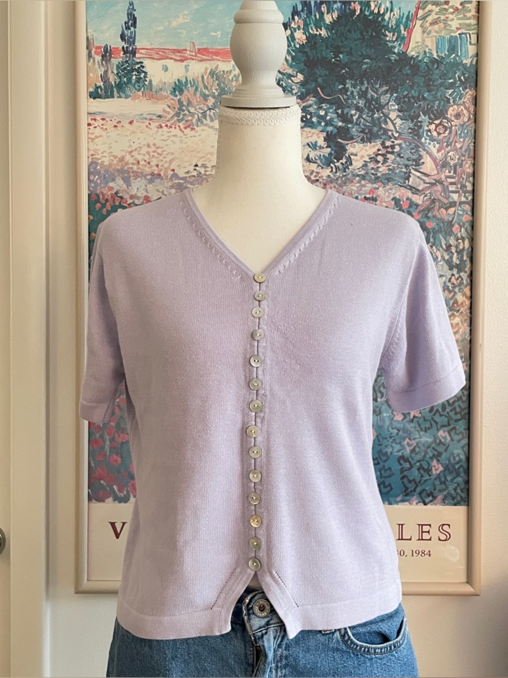 Vintage Lilac Button Front Knit Top Medium Cropped Sweater Coquette Cottage 90s